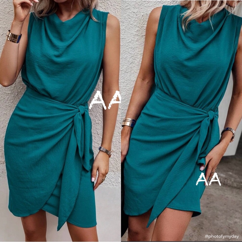 Classic Elegant Sleeveless Drape Neck Side Tie Dress